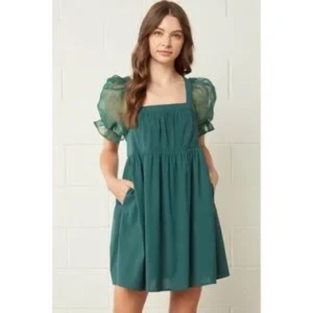 Elegant Green Puff Sleeve Dress